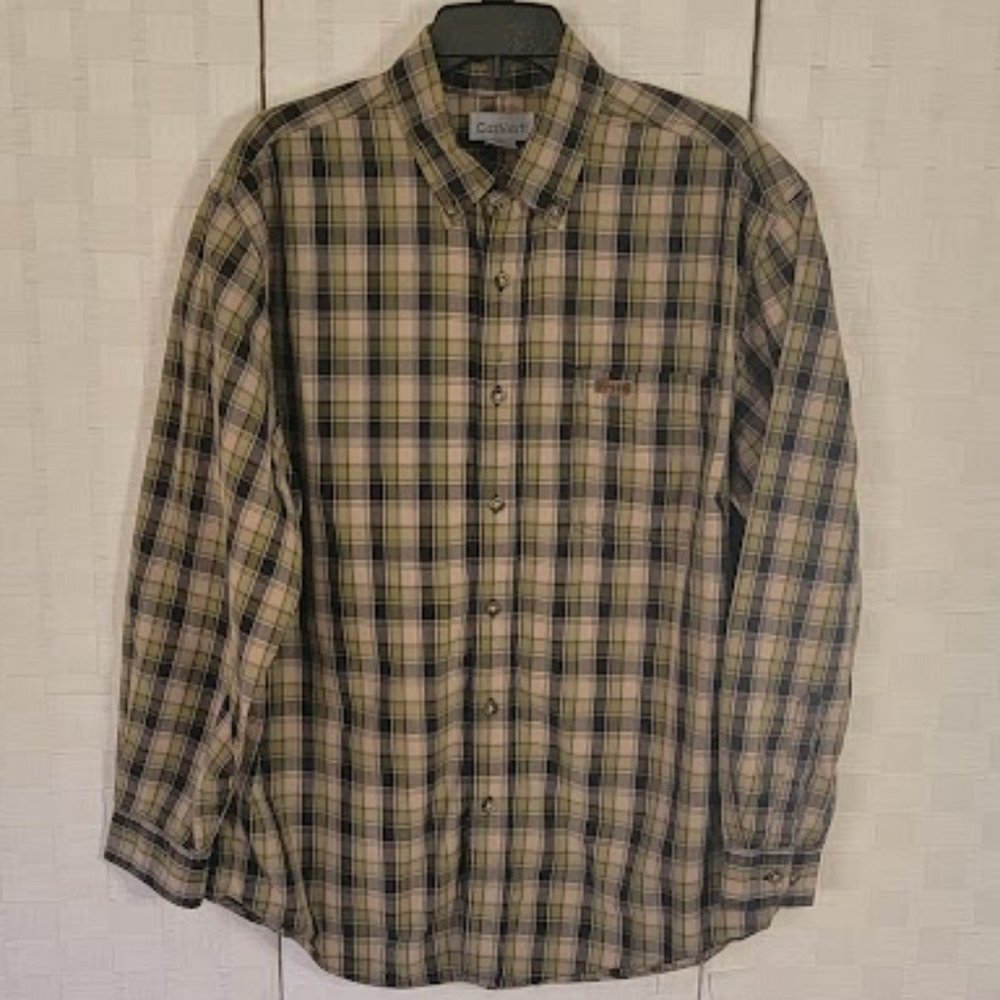 Carhartt Men's Button-Up Long Sleeve Shirt, L, Sage Green, Blue/White (Video)